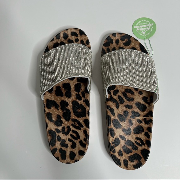 NWT Women's Slides Leopard Rhinestone Glitter Slip On Footbed Platform Sandals - Picture 6 of 10